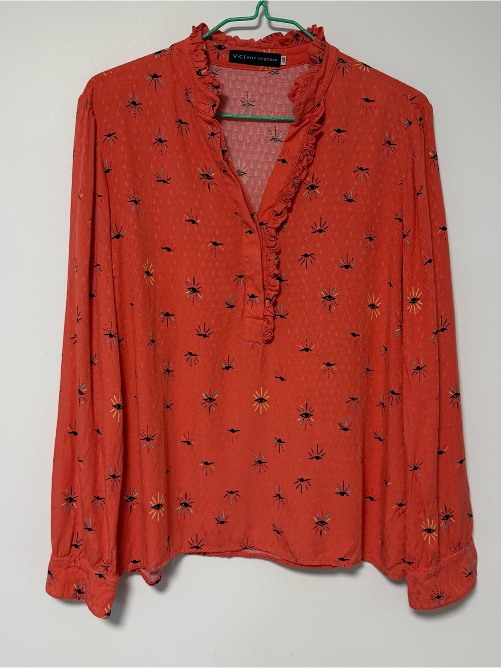 Boho Coral Evil Eye Print Blouse – Mystical Celestial Ruffle Top – Sz 44